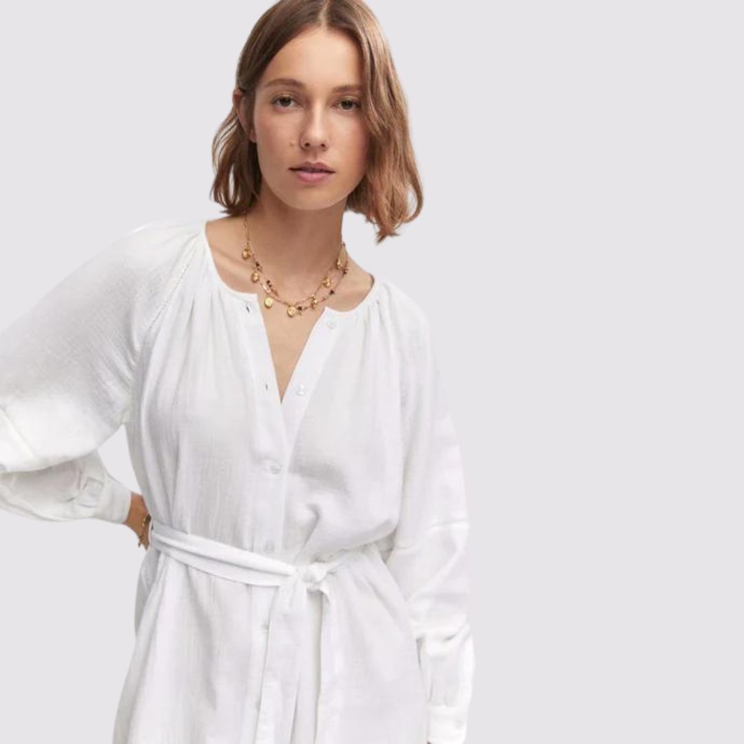 Midi-jurk in overhemdstijl met pofmouwen