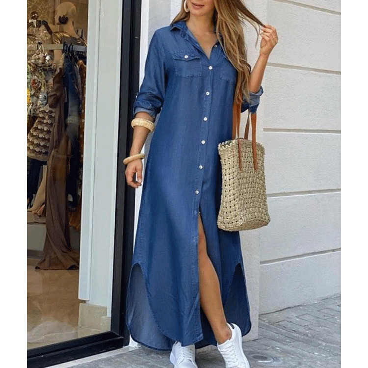 Lange jurk met knopen in denimstijl
