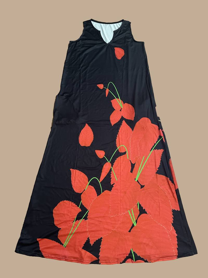 Lange jurk met gezichtsbedrukking en ingekeepte halslijn