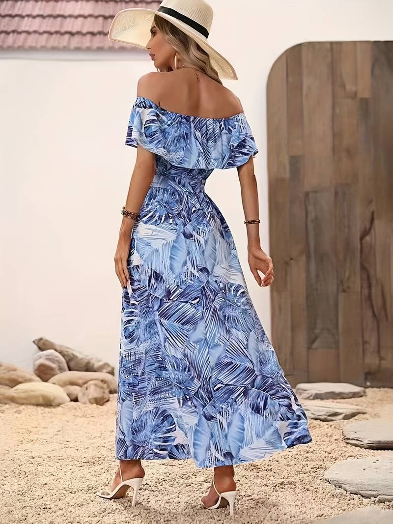 Off-the-shoulder jurk met bladprint