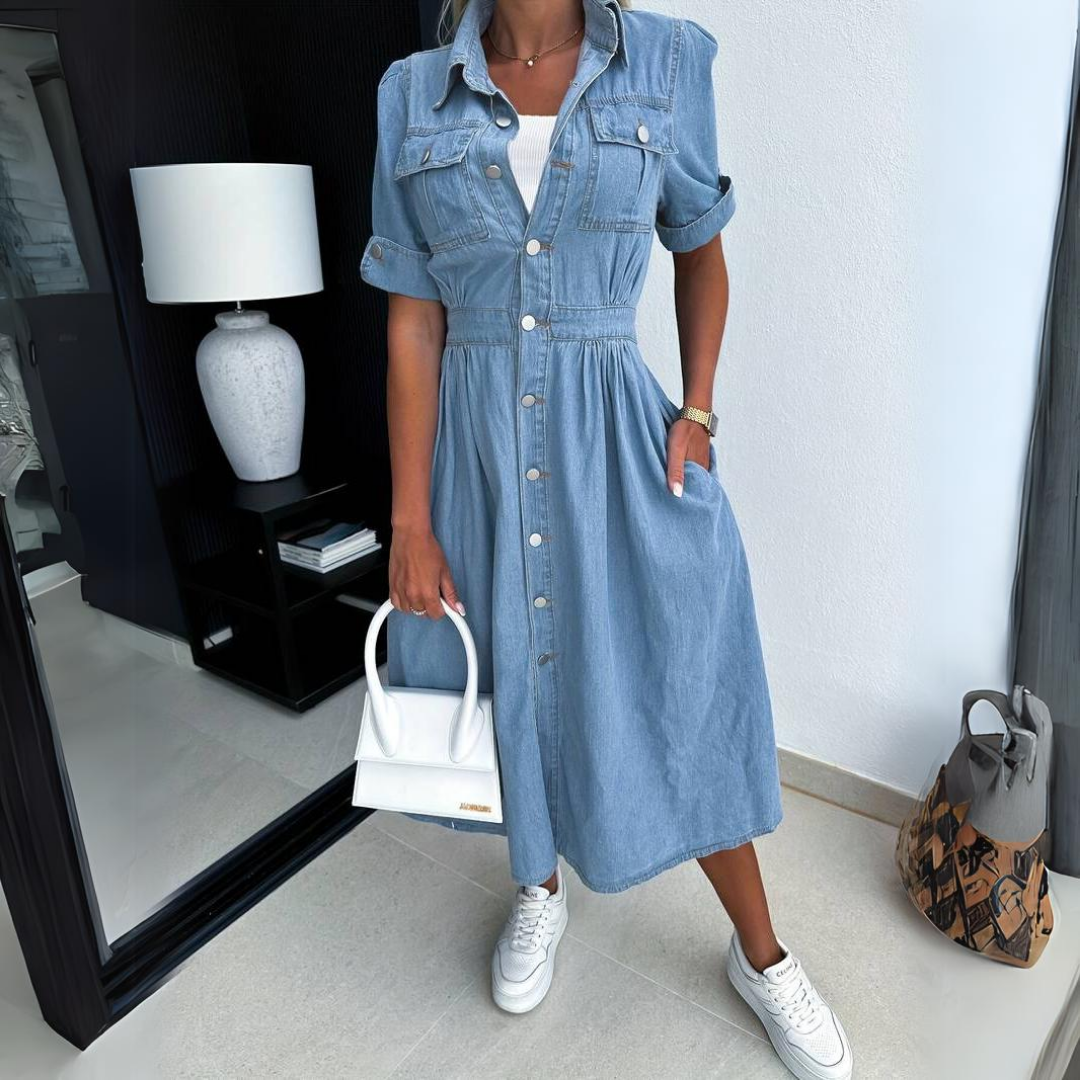 Tricot denim midi-jurk met zakken