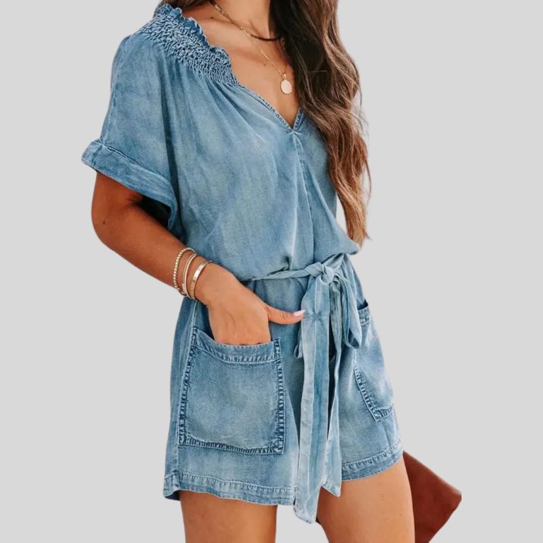 Casual denim romper met gesmokt detail