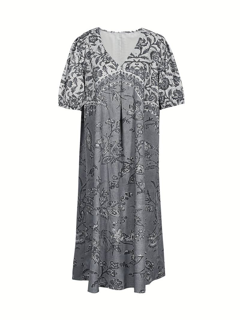 Jurk met pofmouw en veelkleurige V-hals