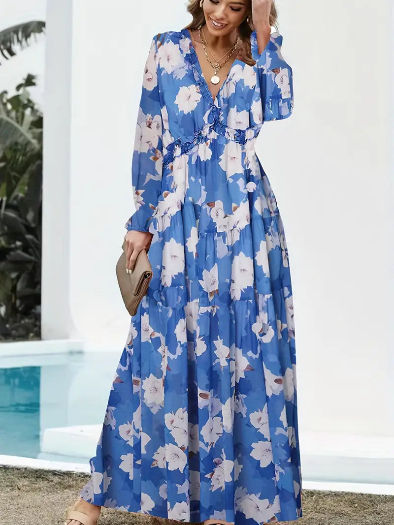 Vakantie Maxi Dress met V-hals en lange mouwen met bloemenprint