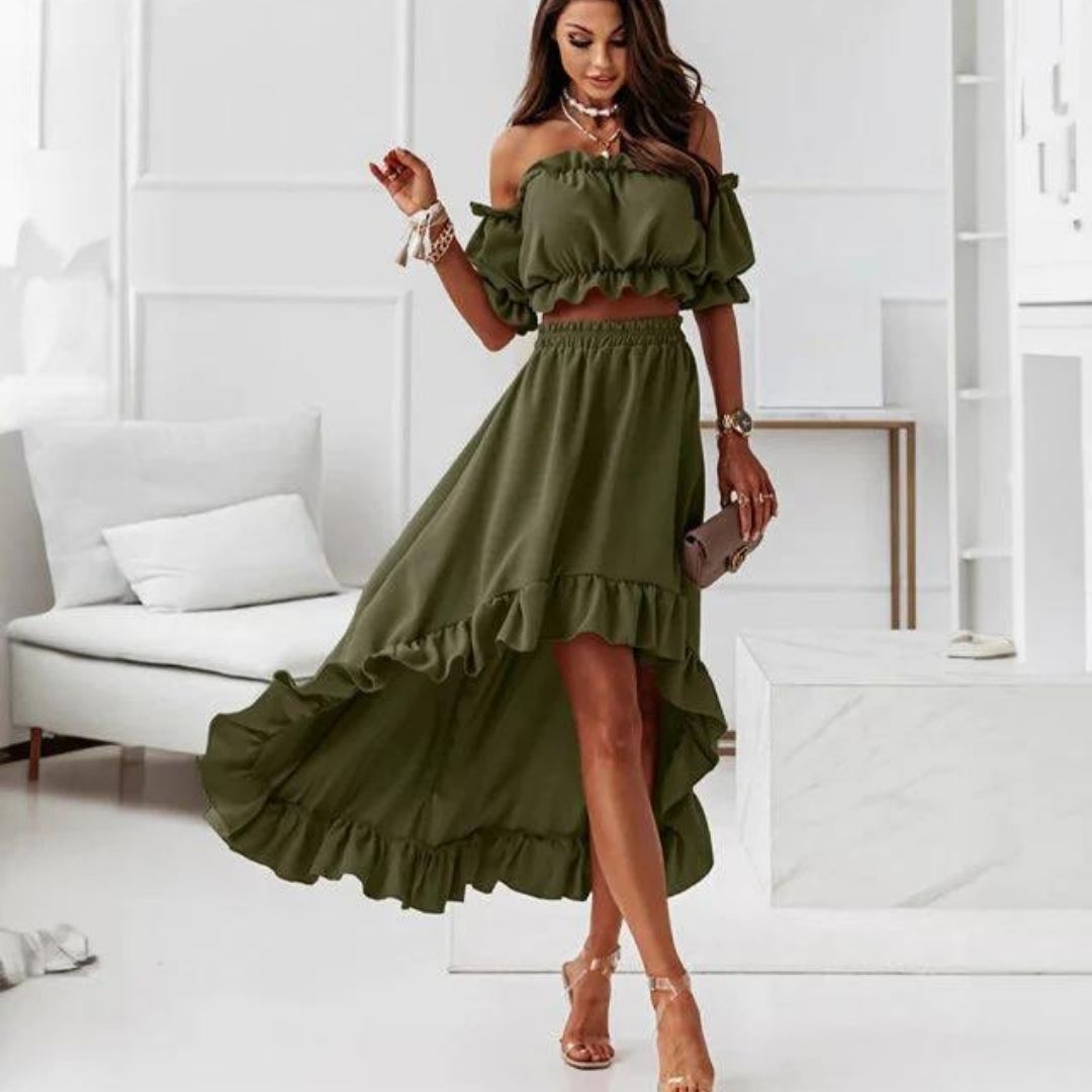 Off-the-shoulder jurk met ruches en hoog-laag zoom