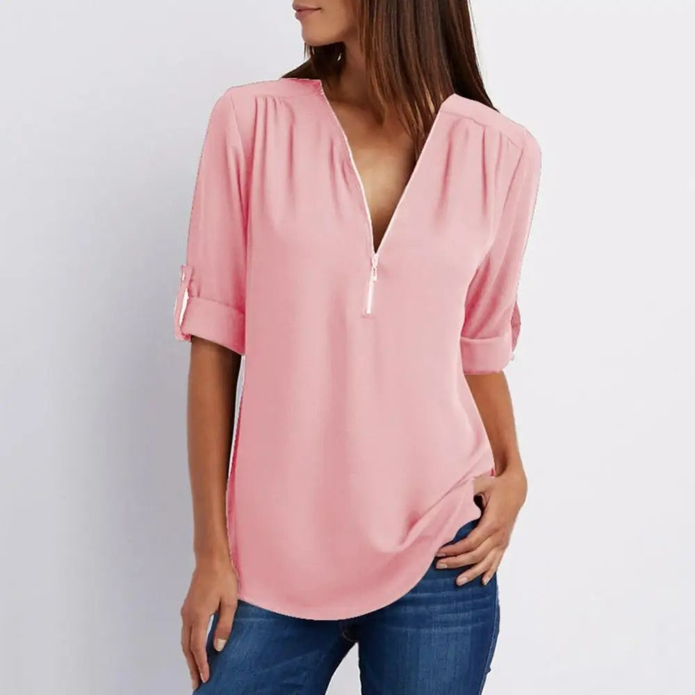 V-hals met halve rits Warme losse blouse voor dames