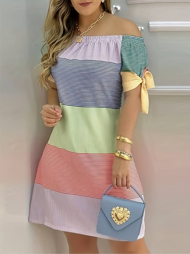 Off-the-shoulder jurk met kleurblokpatroon