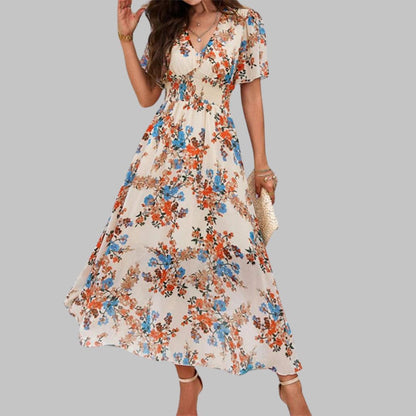 Gebloemde midi-jurk met V-hals en korte mouwen
