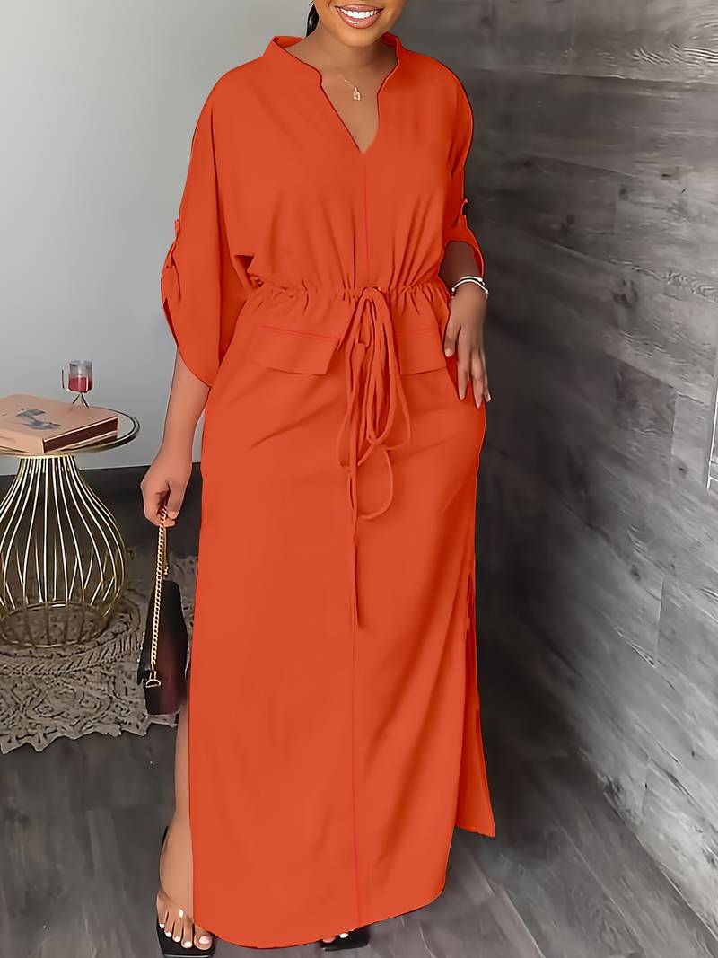 Jurk met oprolmouwen en koord