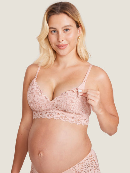 Voedingsbeha van kant met extra steun – voedingsbralette zonder beugel – Zacht roze