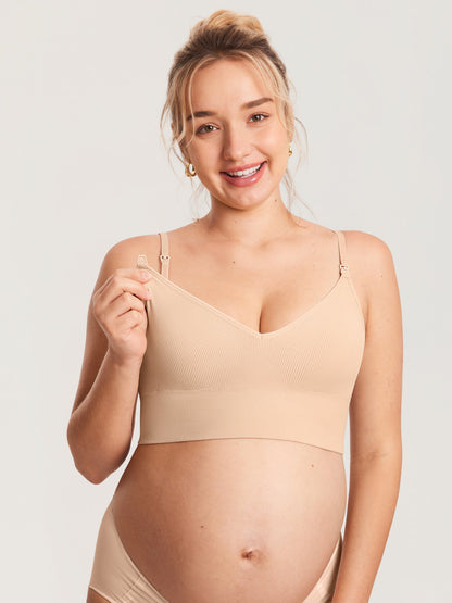 Voedingsbralette in ribstof met V-hals – voedingsbeha zonder beugel – Beige
