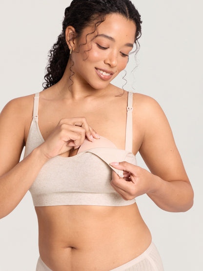 Voedingsbeha van ribkatoen – voedingsbralette zonder beugel met pads – Gemêleerd warm zand