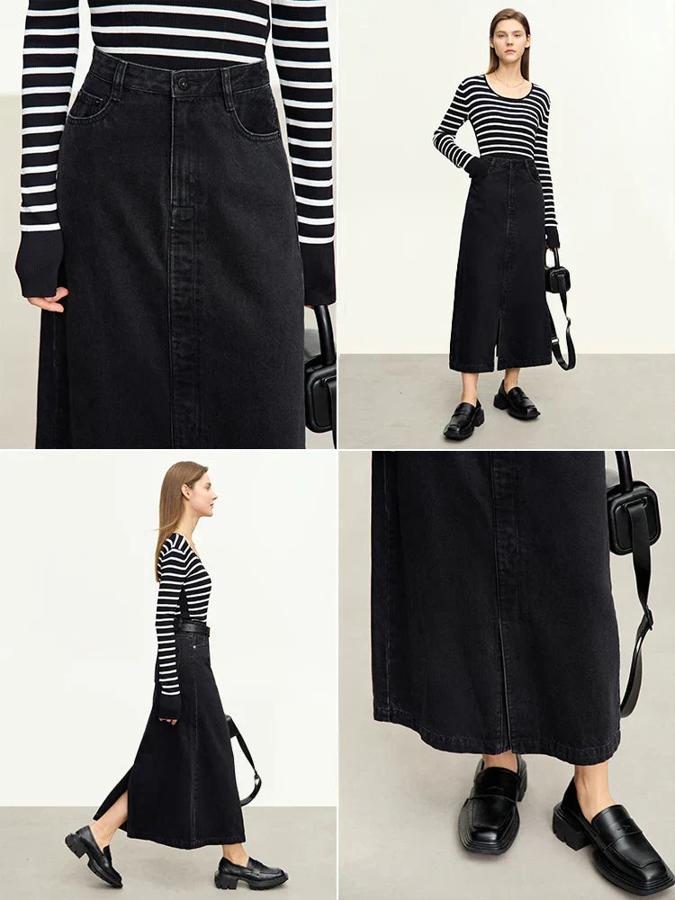Minimalistische 2023 Herfst Nieuwe Zwarte Denim Rokken Retro Basis Casual Kantoor Dame Vrouw A-Lijn Enkel Lengte Rok 12343167
