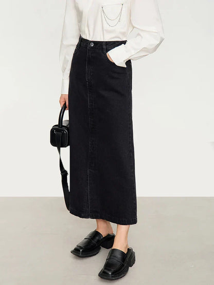 Minimalistische 2023 Herfst Nieuwe Zwarte Denim Rokken Retro Basis Casual Kantoor Dame Vrouw A-Lijn Enkel Lengte Rok 12343167