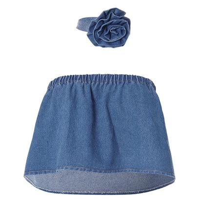 Denim bandeau top met gebloemde choker