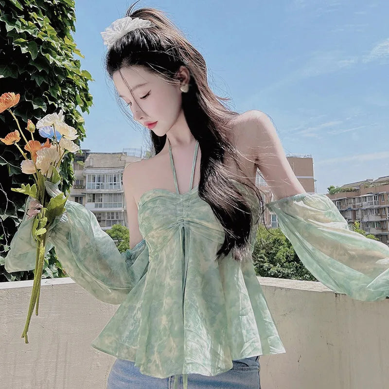 Gebloemde zoete off-the-shoulder chiffon blouse