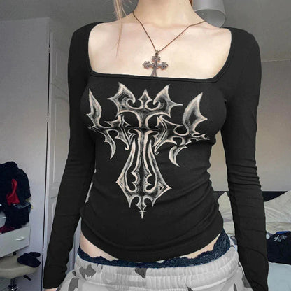 Off-the-shoulder top met lange mouwen en grunge kruis