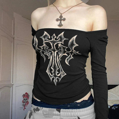 Off-the-shoulder top met lange mouwen en grunge kruis