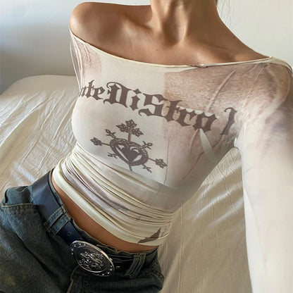 Off-the-shoulder top met lange mouwen en grafische print