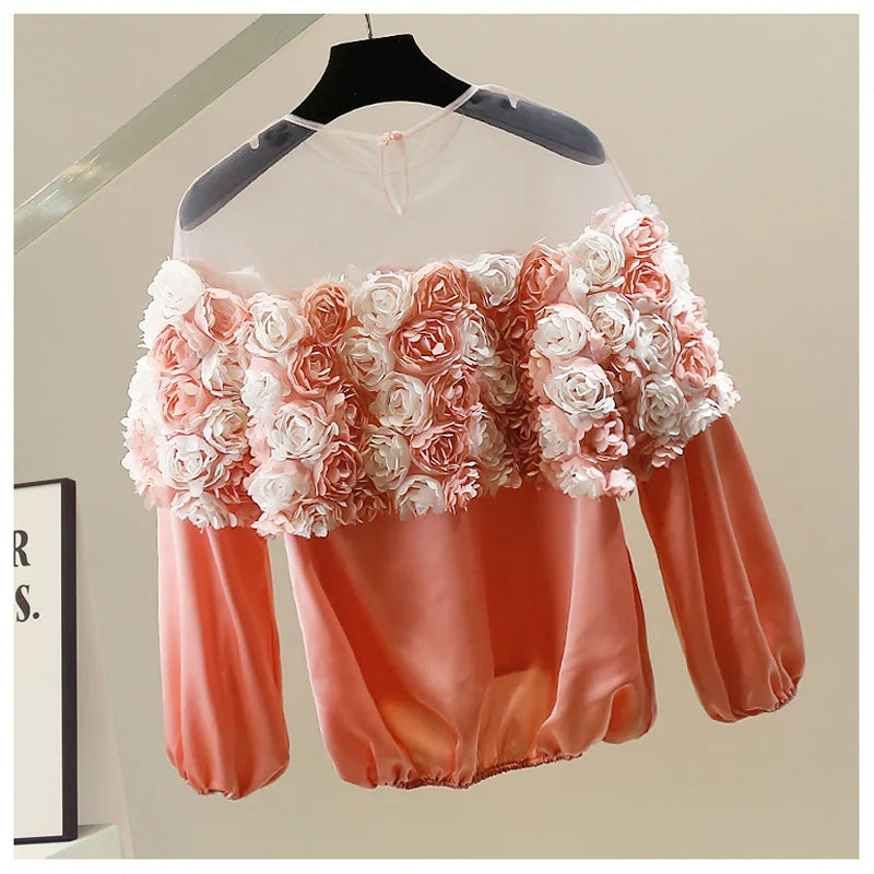 Blouse met 3D gebloemde rozen