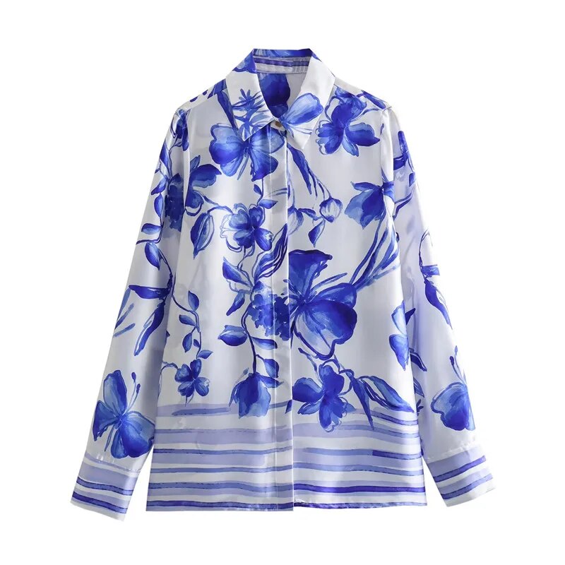 Satijnen zijden blouse met bloemenprint