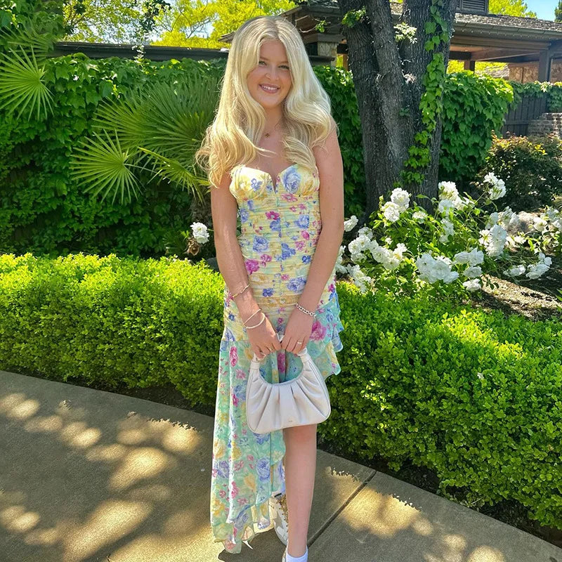 Jurk met sweetheart halslijn en rimpeling in bloemenpatroon