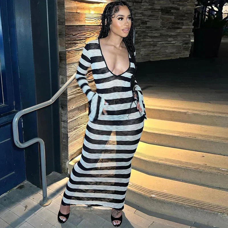 Maxi-jurk met diep decolleté en strepen