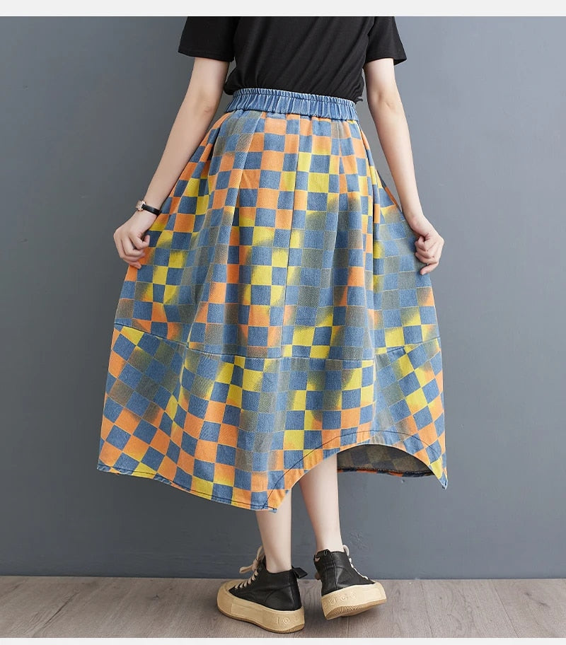 Gebloemde denim rok met retroprint