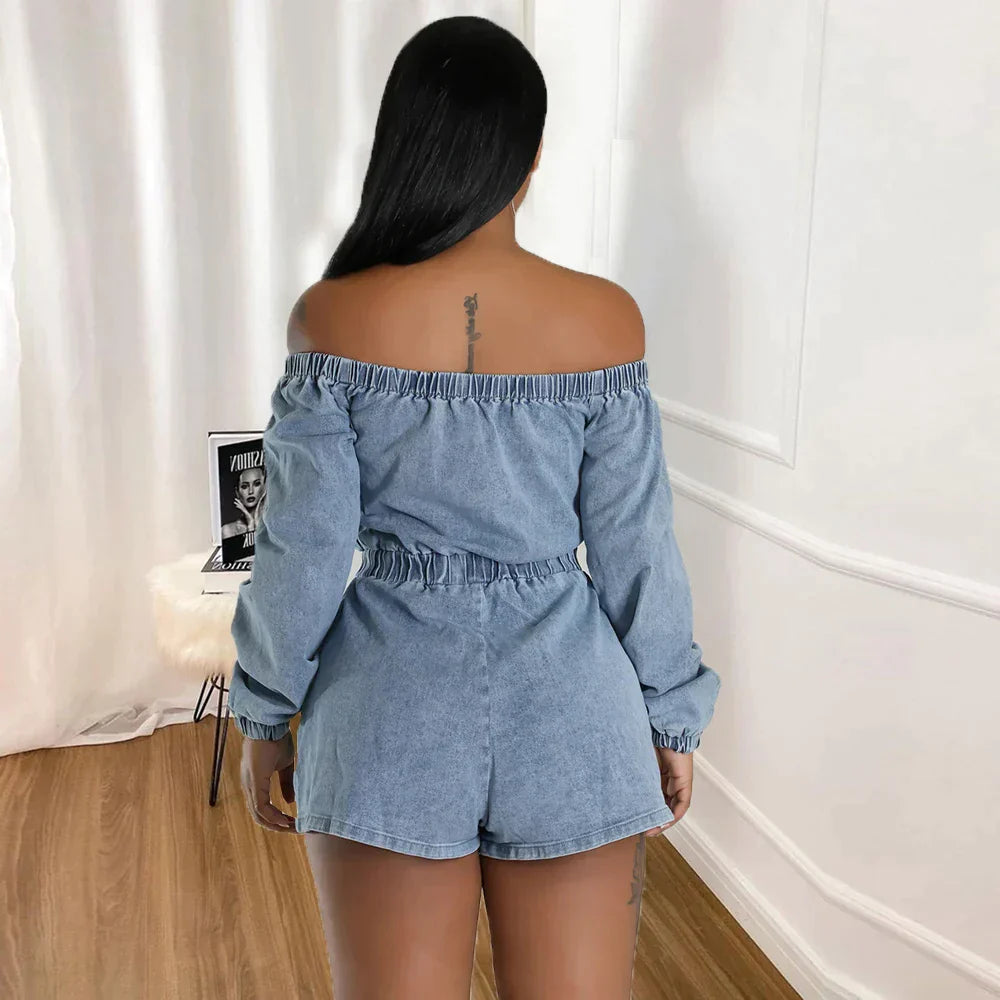 Denim speelpak met off-the-shoulder en koord in de taille