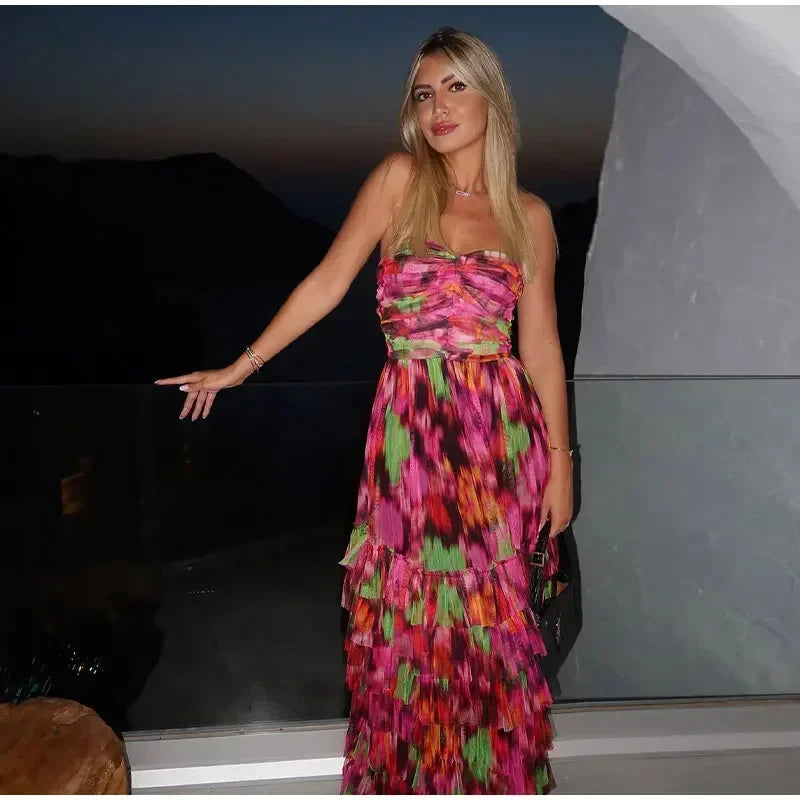 Off-the-shoulder maxi-jurk met plooien en bloemenpatroon