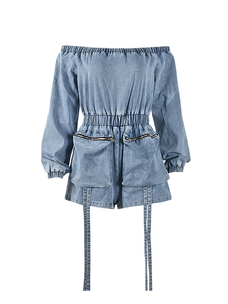 Denim speelpak met off-the-shoulder en koord in de taille