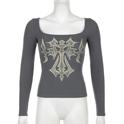 Off-the-shoulder top met lange mouwen en grunge kruis