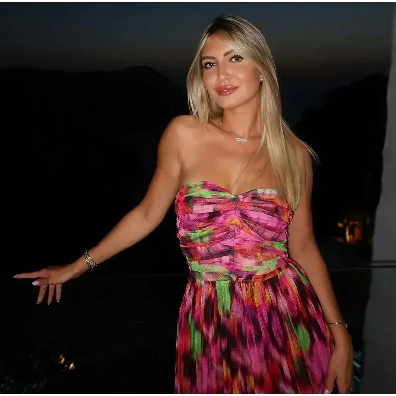 Off-the-shoulder maxi-jurk met plooien en bloemenpatroon