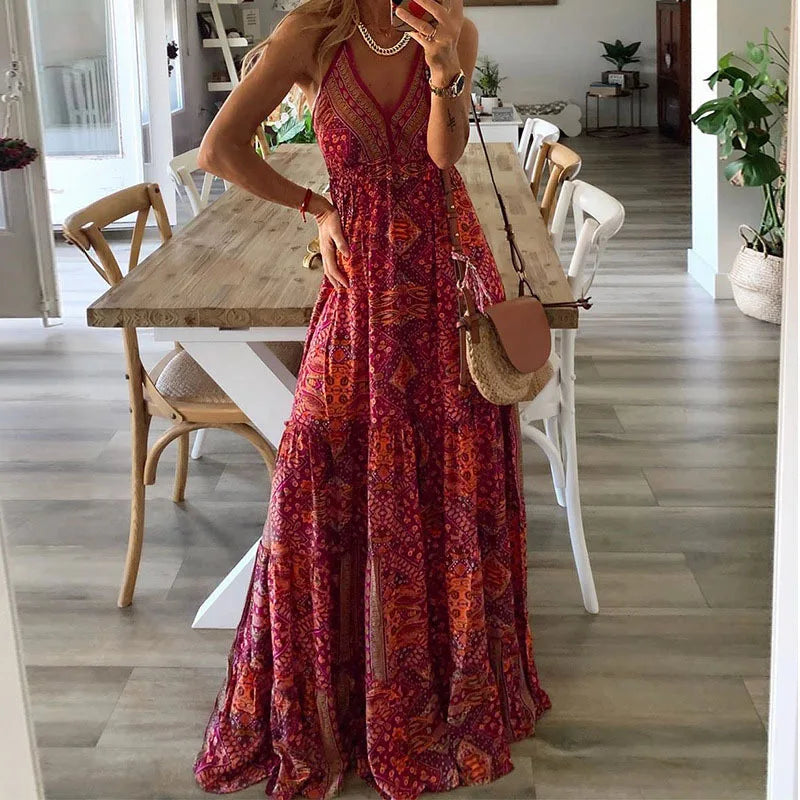 Boho print slip maxi jurk