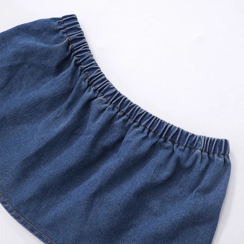 Denim bandeau top met gebloemde choker