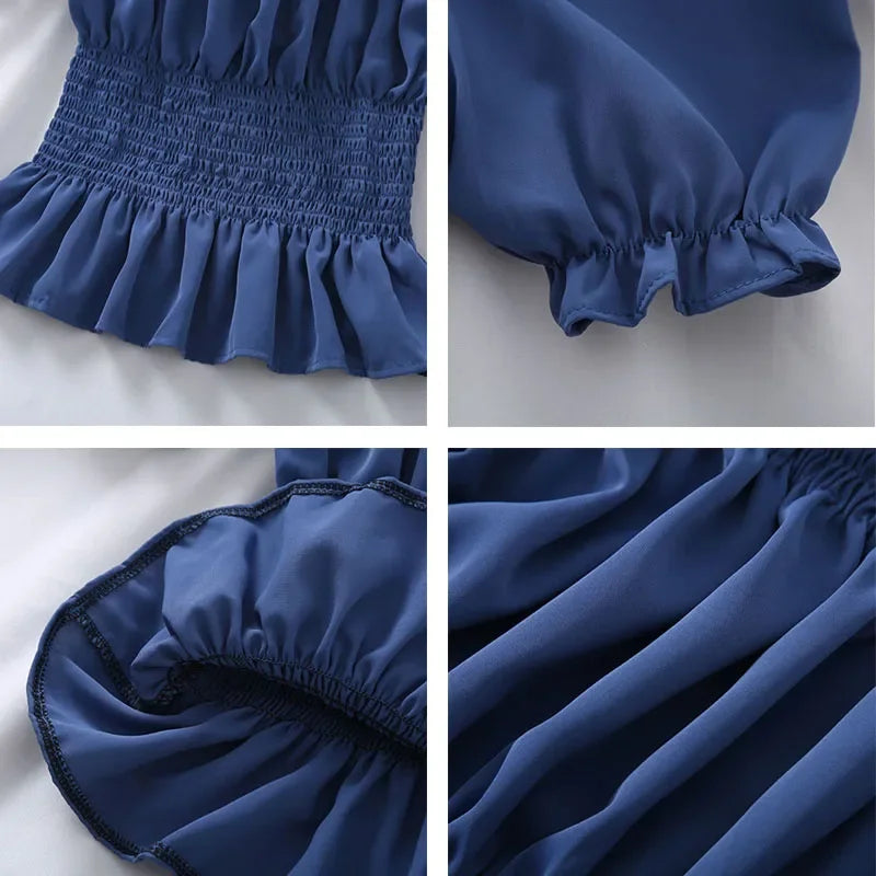 Korte chiffontop met pofmouwen