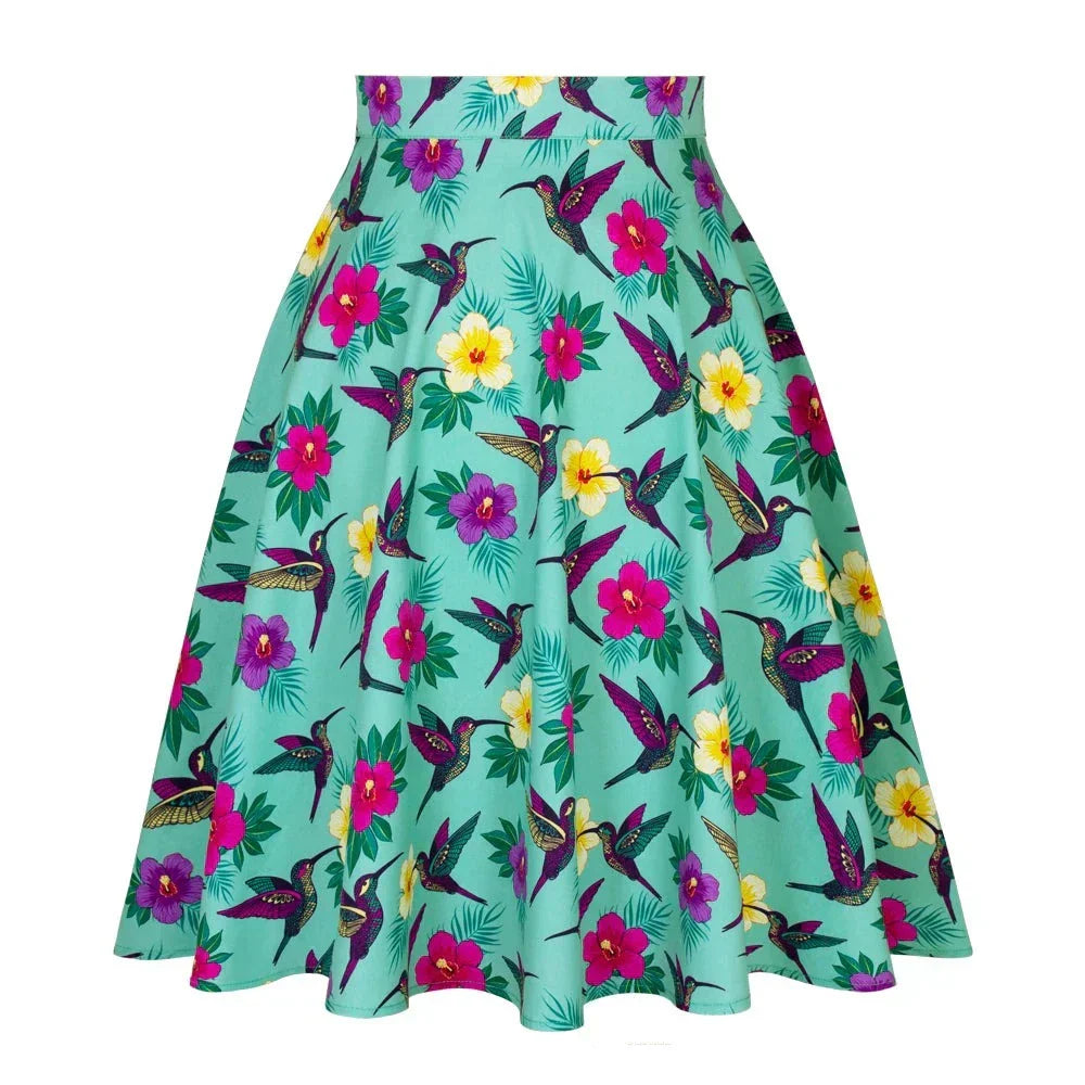 Retro vintage rok met bloemen- en vogelprint