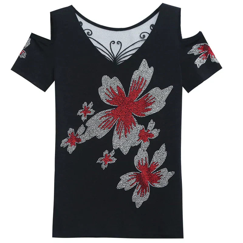 Off-the-shoulder, stretchy, slim-fit T-shirt van mesh in Koreaanse stijl