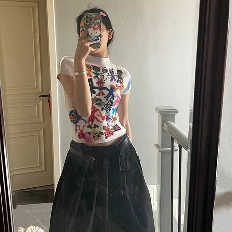 Gebreide top met vintage patroon en hoge halslijn