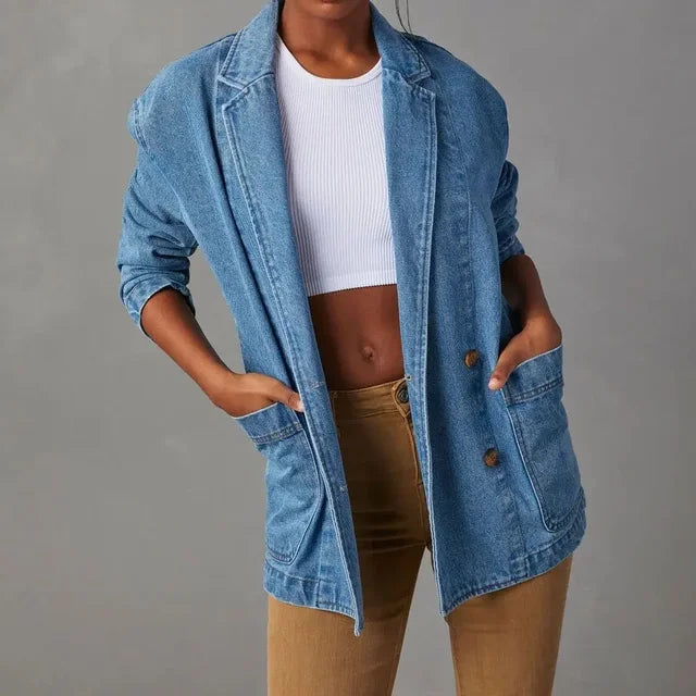 denim blazer met knoopzakken en losse pasvorm