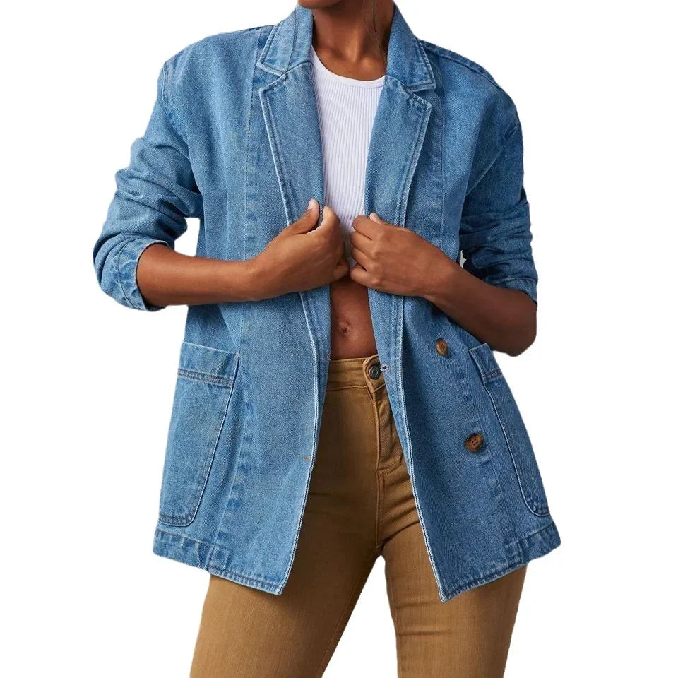 denim blazer met knoopzakken en losse pasvorm