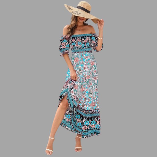 Boho maxi jurk met bloemenpatroon en off-the-shoulder snit