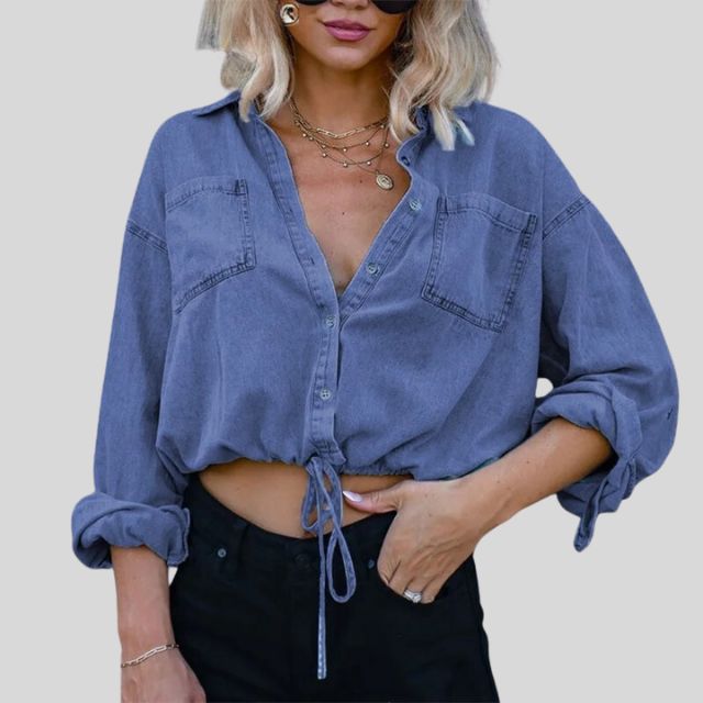 Denim blouse met stropdas aan de voorkant