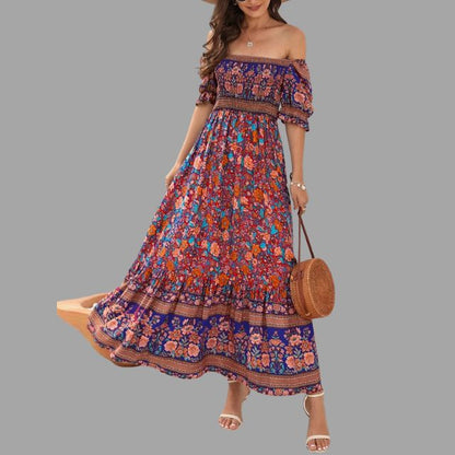 Boho maxi jurk met bloemenpatroon en off-the-shoulder snit