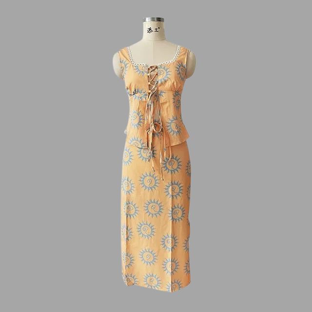 Boho chic maxi jurk en topje met zonnestralen print