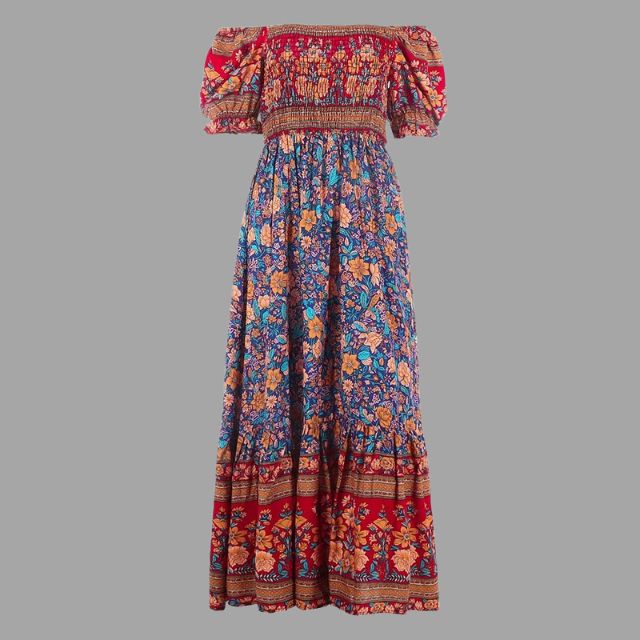 Boho maxi jurk met bloemenpatroon en off-the-shoulder snit