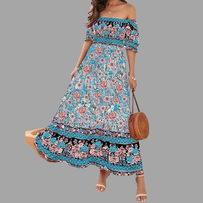 Boho maxi jurk met bloemenpatroon en off-the-shoulder snit