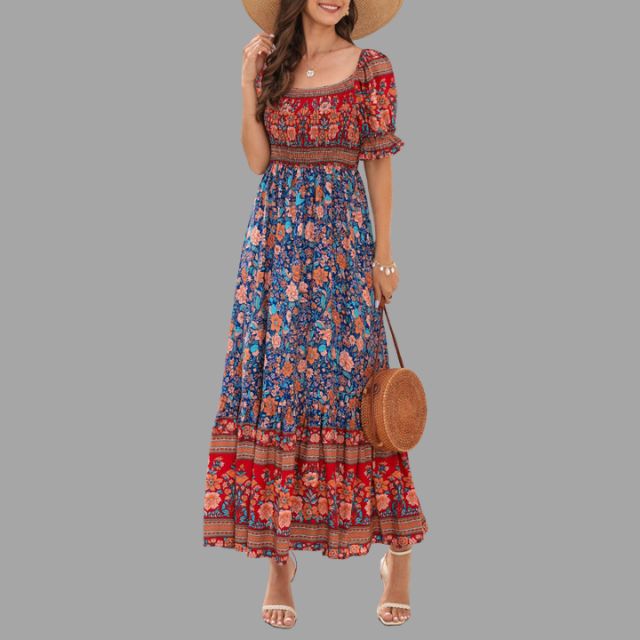 Boho maxi jurk met bloemenpatroon en off-the-shoulder snit