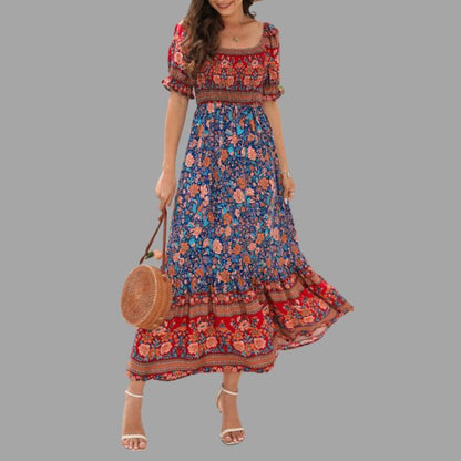 Boho maxi jurk met bloemenpatroon en off-the-shoulder snit