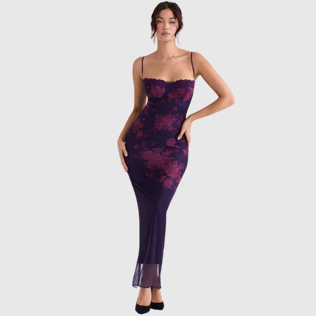 Gebloemde shift jurk met doorschijnende zoom